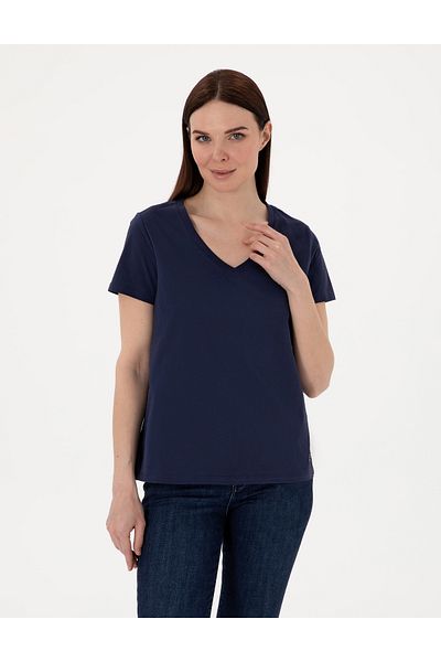 Pierre Cardin Navy Blue Regular Fit V-Neck Basic T-Shirt 50305749-Vr033