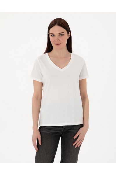 Pierre Cardin White Regular Fit V-Neck Basic T-Shirt 50305749 -Vr013