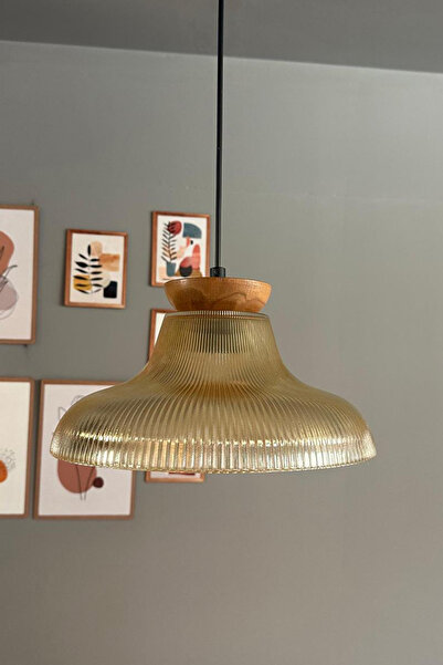 Bamyum Stark Cam Bal Rengi Tekli Avize Tabak Ahşap Başlık Retro Sarkıt Lamba Salon Aydınlatma