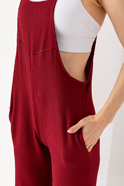 GİYSA Women's Thin Strap Double Pocket Wrap Jumpsuit Claret Red - 5789