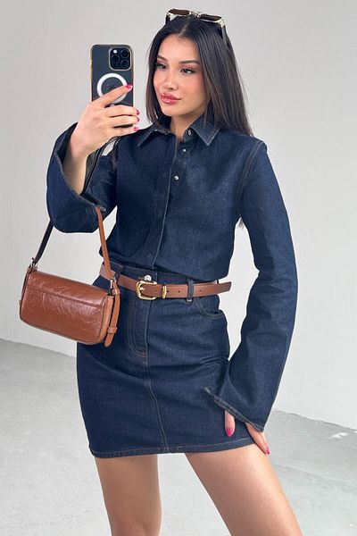 Cappmoda TKM-03702 طقم جينز وتنورة قصيرة باللون الأزرق الداكن