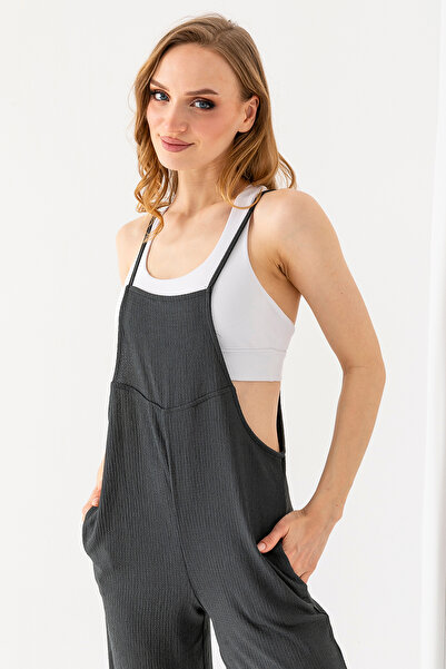 GİYSA Women's Thin Strap Double Pocket Wrap Jumpsuit Anthracite - 5789