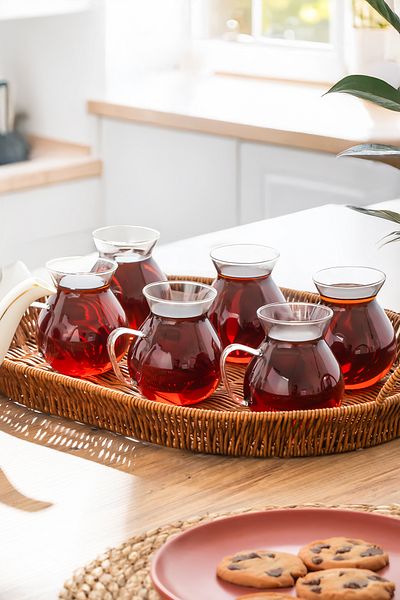 Perotti 15528 Keyfi Ala Set of 6 200 ml Borosilicate Glass Tea Cups with Handles