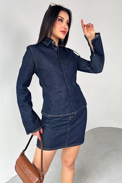 Cappmoda TKM-03702 Navy Blue τζιν μπουφάν με κουμπωτά μίνι φούστα διπλό σετ