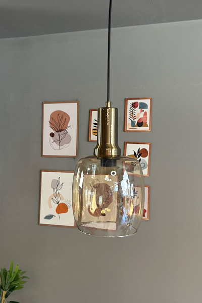 Bamyum Pearl Cam Bal Rengi Tekli Avize Eskitme Fener Başlık Retro Sarkıt Lamba Salon Aydınlatma