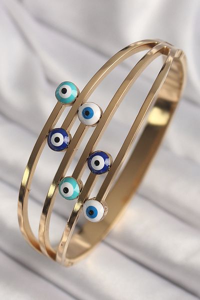 Skygo 316L Steel Gold Color Evil Eye Beaded Rib Model Women's Handcuffs - Tj-Bb6778