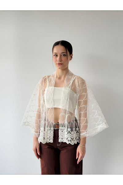 Retrobird Mini kimono din tul alb - DESIGN MINI KIMONO Top pentru BOOK INSIDE Traces LemAns