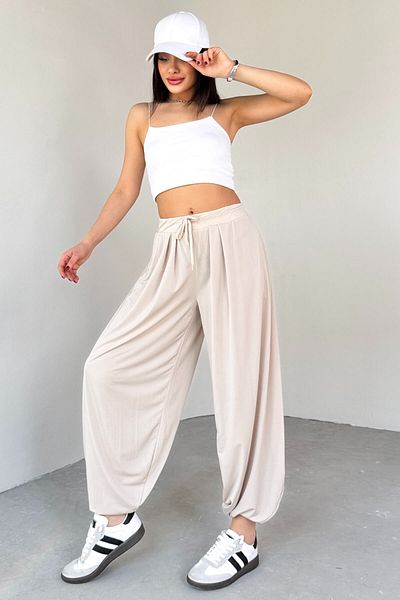 Cappmoda Pnt-07413 Stone Color Modal Fabric Trousers with Leg Detail