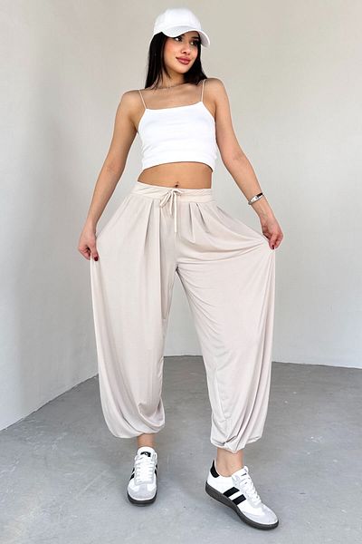 Cappmoda Pnt-07413 Stone Color Modal Fabric Trousers with Leg Detail