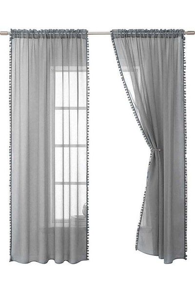 Generic Home Sheer Linen Textured Curtains With Lace Semi Sheer Drapes Grey