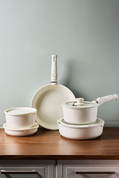 Perotti Beta Beige 15 Piece Aluminum Cast Induction Ceramic Coating Cookware Pots Pans Set Beige 17649