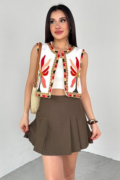 Cappmoda CKT-12446 Γιλέκο με λευκό φλοράλ κεντημένο φόδρα