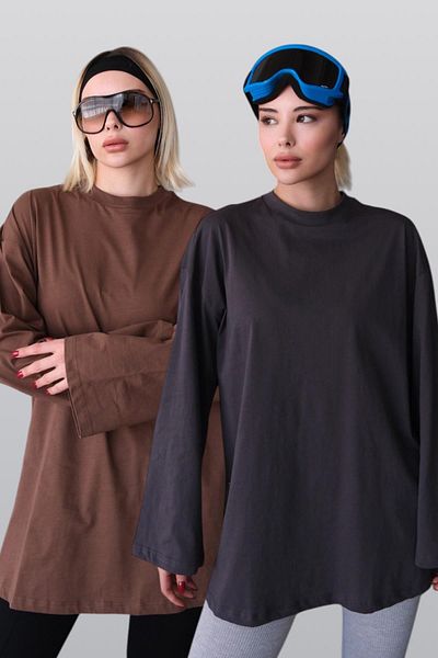 C&City Wide Sleeve Oversize 2 Pack T-Shirt 964 Smoked/Brown