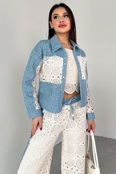 Cappmoda TKM-03705 Set de trei piese din denim cu dantelă albastră, bluză, pantaloni