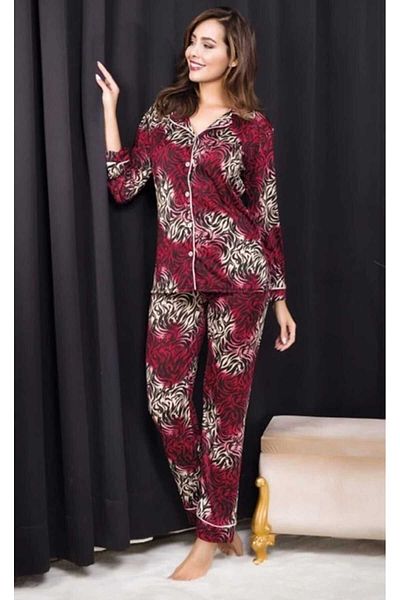 H&S STORE Buttoned Pajama Suit Burgundy Color Zebra Patterns and Button Detail