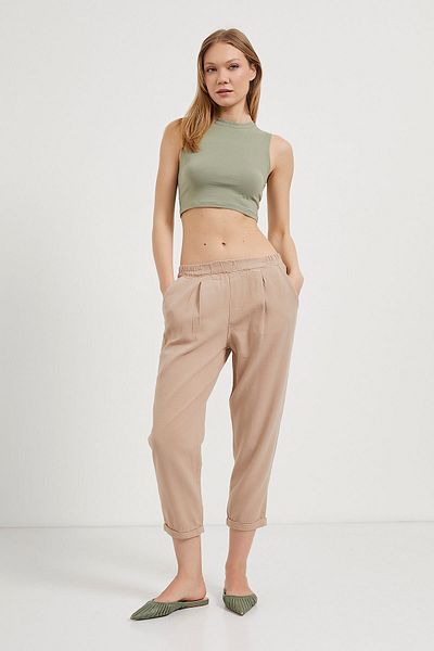 Arma Life Women's Elastic Waist Loose Linen Brown Carrot Trousers