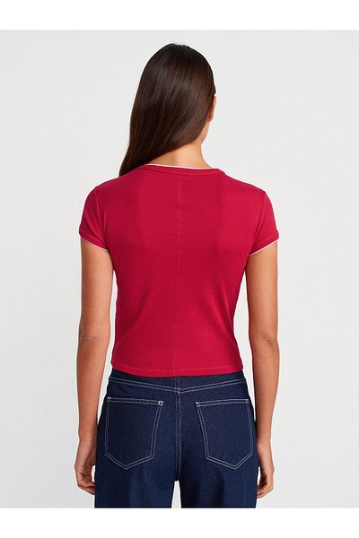 Dilvin 31750 Contrast Short Sleeve Tshirt-Red