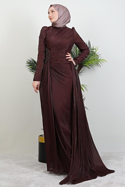 GİYZAMİLA Yaren Taş Detay Abiye Gül Kahve