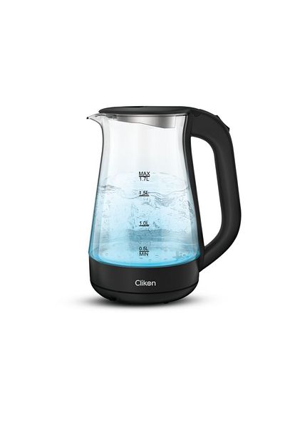 CLIKON 1.7L glass kettle, 1850-2200W, 360 swivel base, auto cut-off, LED indicator, 2-year warranty.