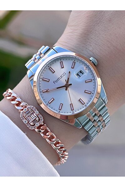 Ferrucci İki Renk Renk Takvimli Katran Kadın Kol Saati Bileklik Hediye