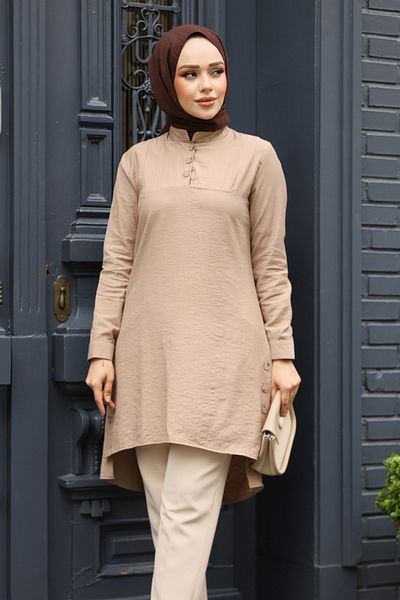 Neva Style Κουμπί Λεπτομερές Mink Hijab Tunic 4664V