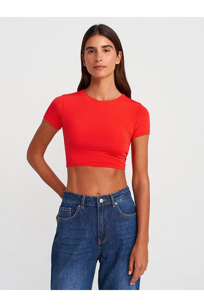 Dilvin Crew Neck Crop Top - Red