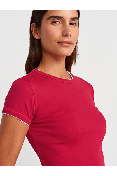 Dilvin 31750 Contrast Short Sleeve Tshirt-Red