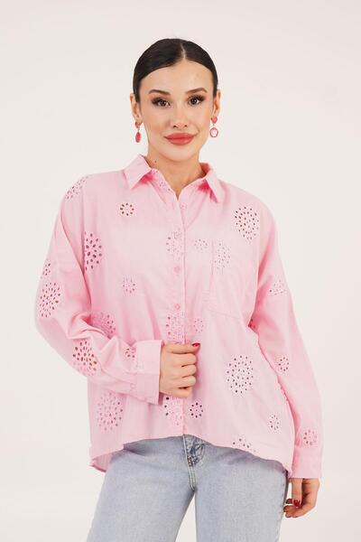 Hipo Trend Güpür Detaylı Bol Kesim Pembe Gömlek