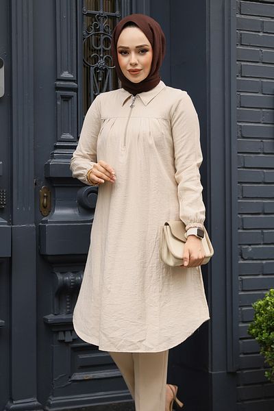 Neva Style تونيك حجاب بيج بسحاب 1467BEJ