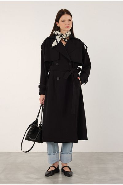 HEQA Modal Trench Coat - Black