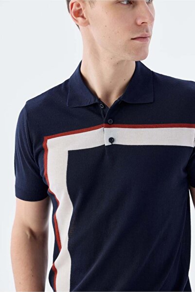Jakamen Navy Blue Slim Fit Stripe Detailed Polo Neck T-Shirt