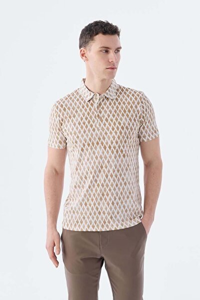 Jakamen Bej Slim Fit Desenli Polo Yaka T-Shirt