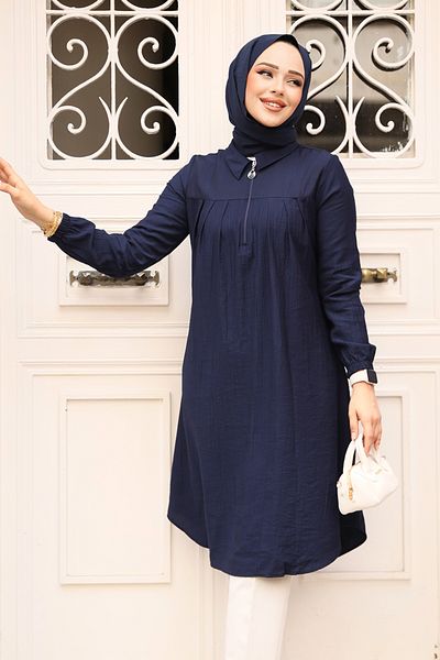 Neva Style تونيك حجاب أزرق داكن بسحاب 1467L