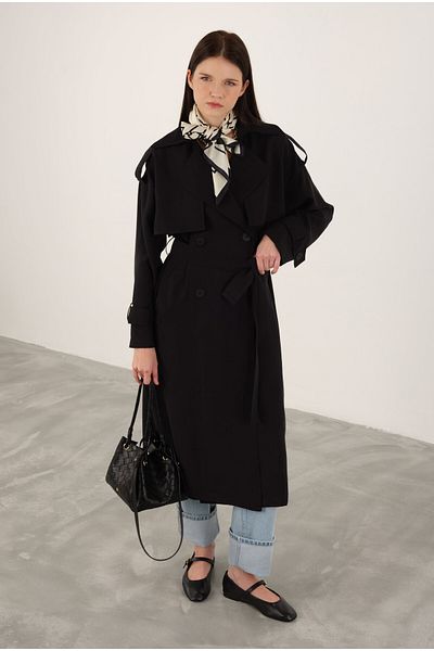 HEQA Modal Trench Coat - Black