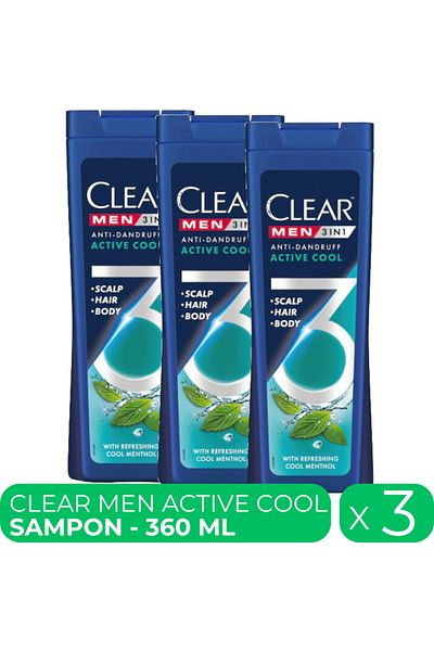 Clear Active Cool 3in1, sampon anti-matreata barbati, 3 buc x 360 ml
