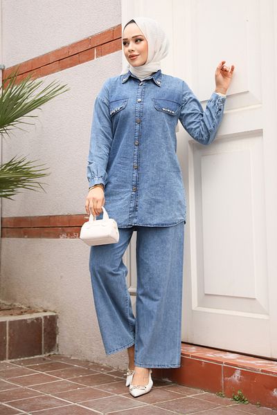 Neva Style Buttoned Dark Blue Denim Double Suit 44631Km