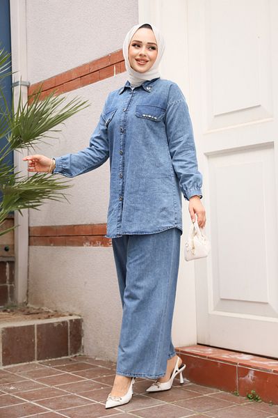 Neva Style Buttoned Dark Blue Denim Double Suit 44631Km