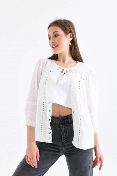 Park Karon Bone Colored Front Tie Blouse