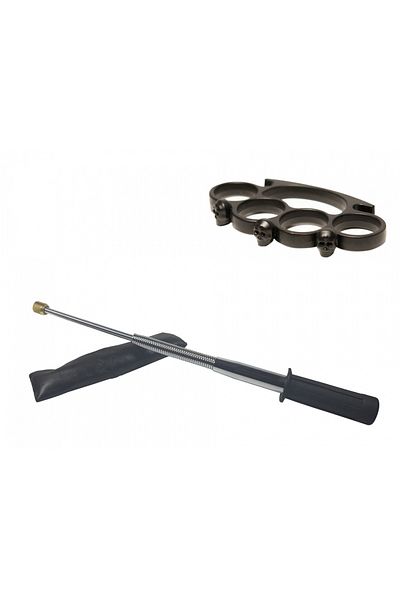 Depox Set baston telescopic argintiu flexibil, maner din cauciuc, 47 cm si cutie neagra pentru craniu
