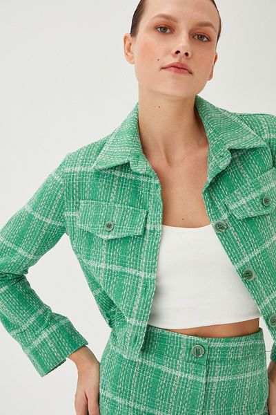 Park Karon Women's Green Plaid Pattern Textured Fabric Button Detailed Short Blazer Jacket Skirt Set