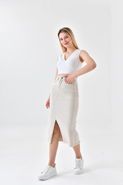 Park Karon Fusta de damă bej din denim cu fante