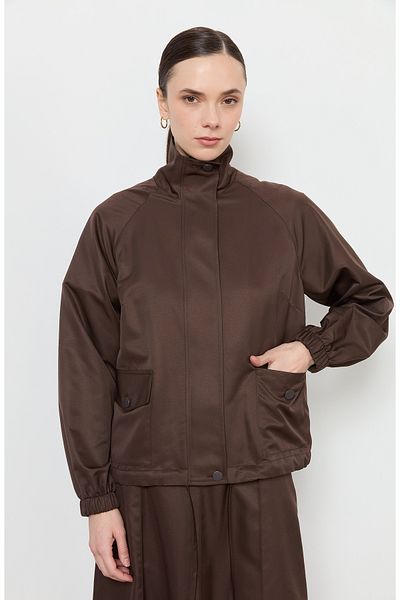 Fatma Atasoy Zippered Stand Collar Bitter Brown Trench Jacket