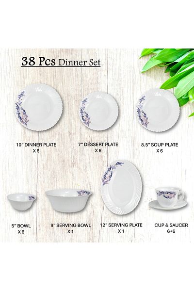 Melrich 38 Pcs Opal Ware Dinnerware Set Dinner, Salad, Dessert, Soup, Bowls, Plates. Cup & Saucer