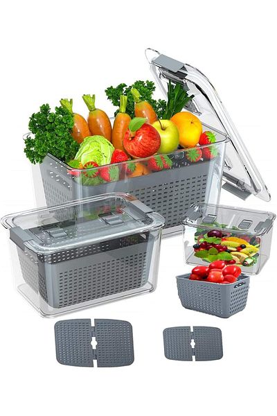 fulina 3-pack Storage Box,with Lids and Air Vents ,for Refrigerator Lettuce Keeper,Grey,2L+4L+5.8L