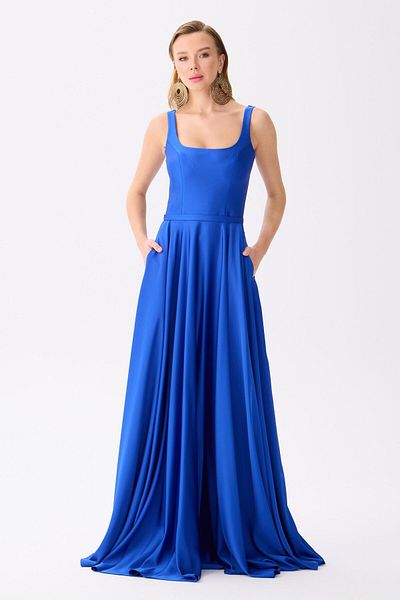 Carmen Saks Square Neck Satin Evening Dress