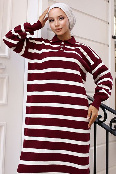 giyze Striped Sweater Dress with Button Detailed Collar Burgundy 11031-08