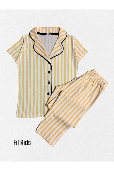 Fil Kids Girl's 100% Cotton Yellow Striped Shirt Collar Buttoned Short Sleeve Summer Pajama Set