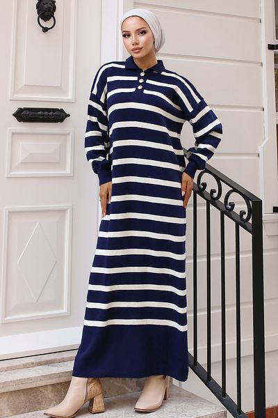 giyze Button Detailed Striped Knitwear Dress Navy Blue 11031-08