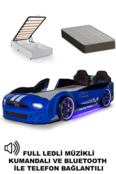 Ferramini Bazalı Arabalı Yatak Kapıları Açılan Mustang Full Ledli Kumandalı ve Müzikli + Ortopedik Yatak