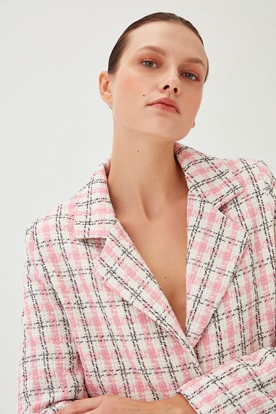 Park Karon Women's Pink Plaid Pattern Long Blazer Short Skirt Set